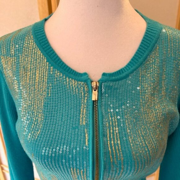 Cache Aqua/ Teal Sequin Zip-Front Sweater – Size M - Picture 2 of 5